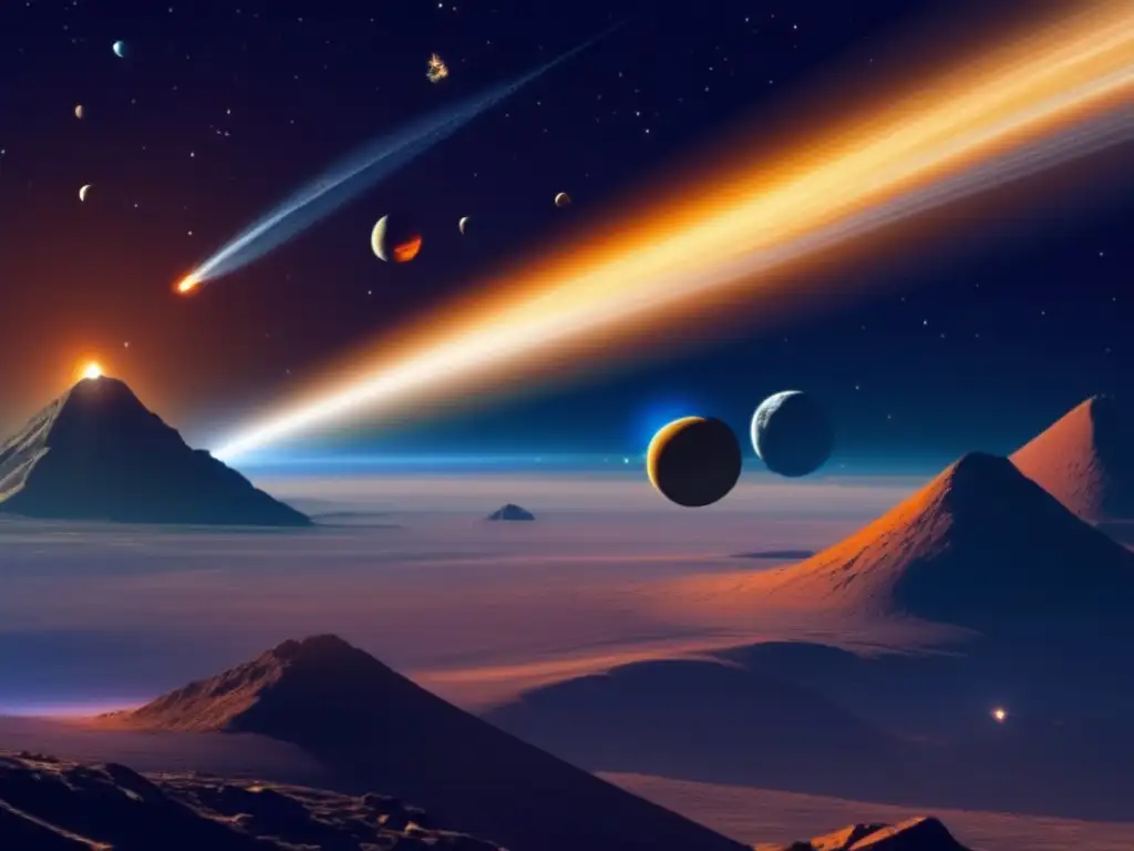 Visually stunning space scene featuring a vibrant asteroid tail zooming past Earth, with a clear view of the sun and planets