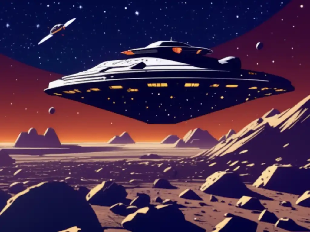 Photorealistic depiction of Bebop spaceship traversing the illuminated asteroid belt in Cowboy Bebop's universe