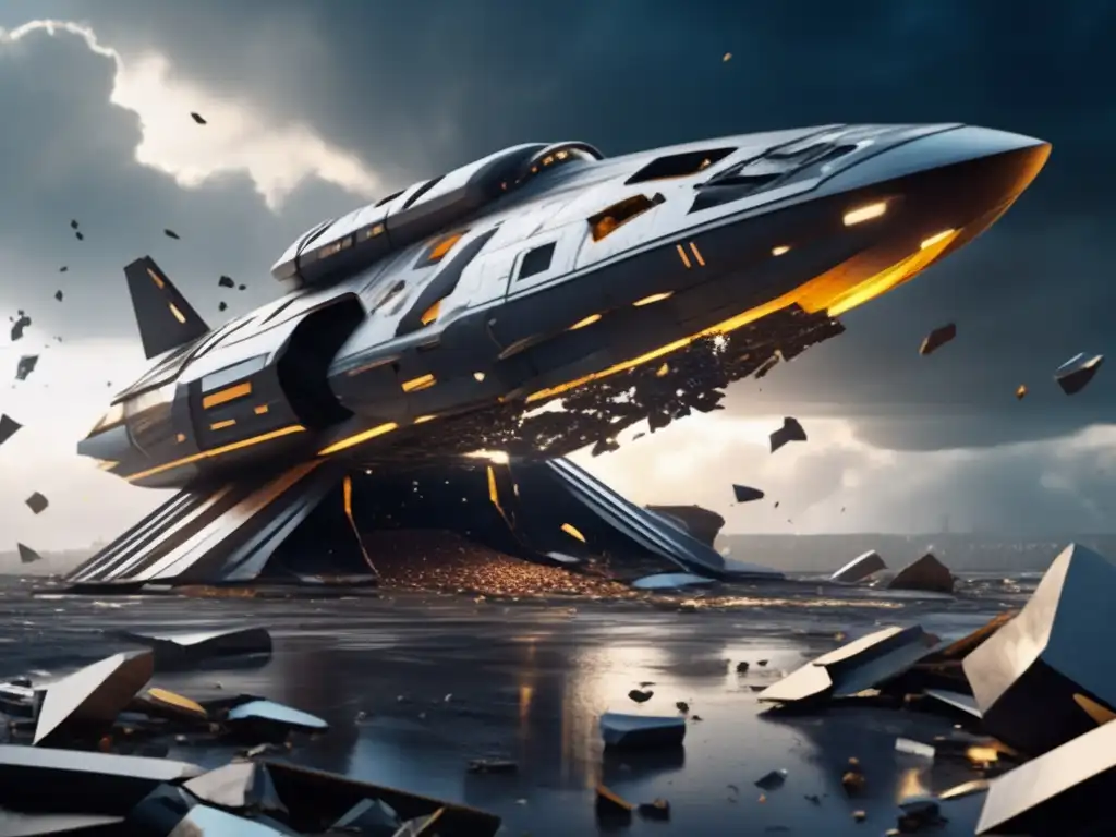 A haunting image of a shattered spaceship, with intricate debris scattered around
