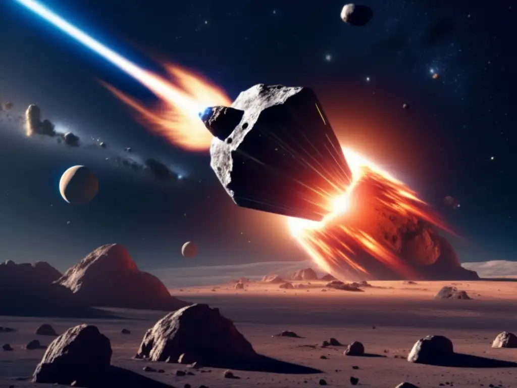 A breathtaking photorealistic image captures the collision of a spaceship's massive energy beam and an incoming asteroid