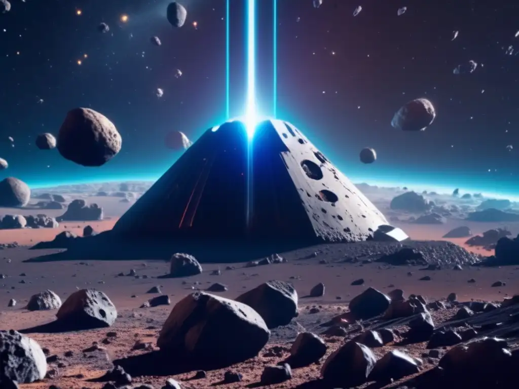 An intense spaceship hovers above a diverse array of jagged asteroids, its white engines illuminating the stark contrast of the dark, black surround