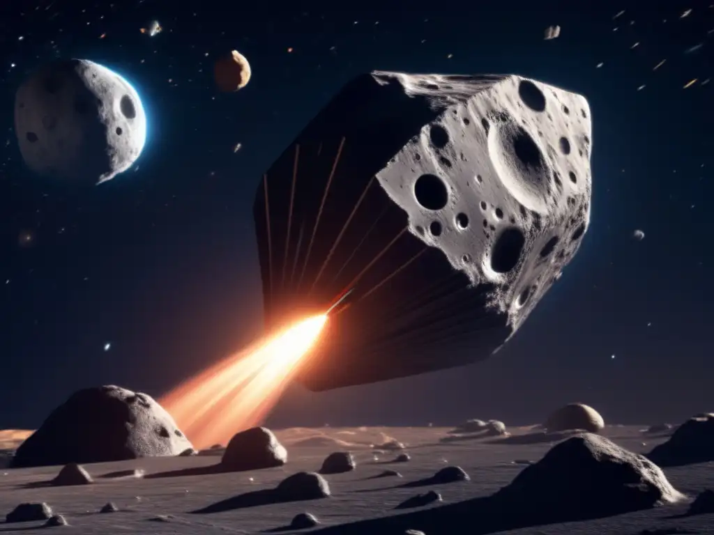 Photorealistic illustration of a spaceship orbiting around an asteroid, with intricate detailing of both the asteroid and spaceship