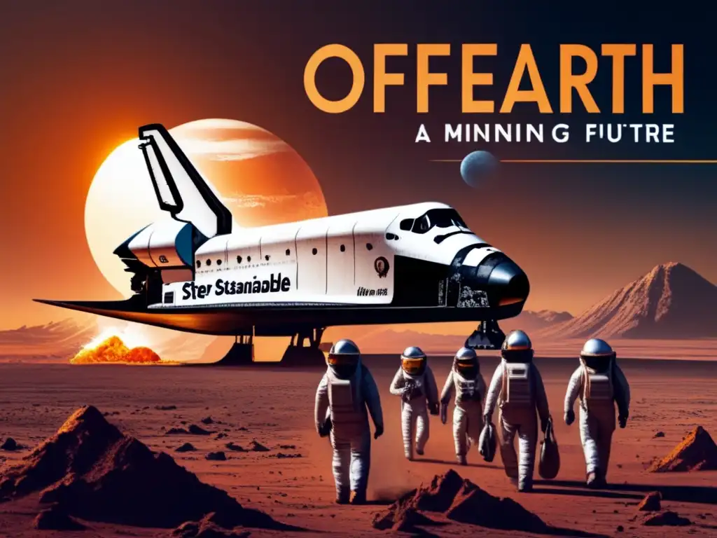 A haunting image of a space shuttle descending onto a barren, post-apocalyptic Earth, with the sun setting in the background and a banner that reads 'OffEarth Mining: A Step Towards Sustainable Future?' The shuttle carries a group of astronauts and experts in suits, wearing protective gear, holding tools that symbolize the extraction of resources