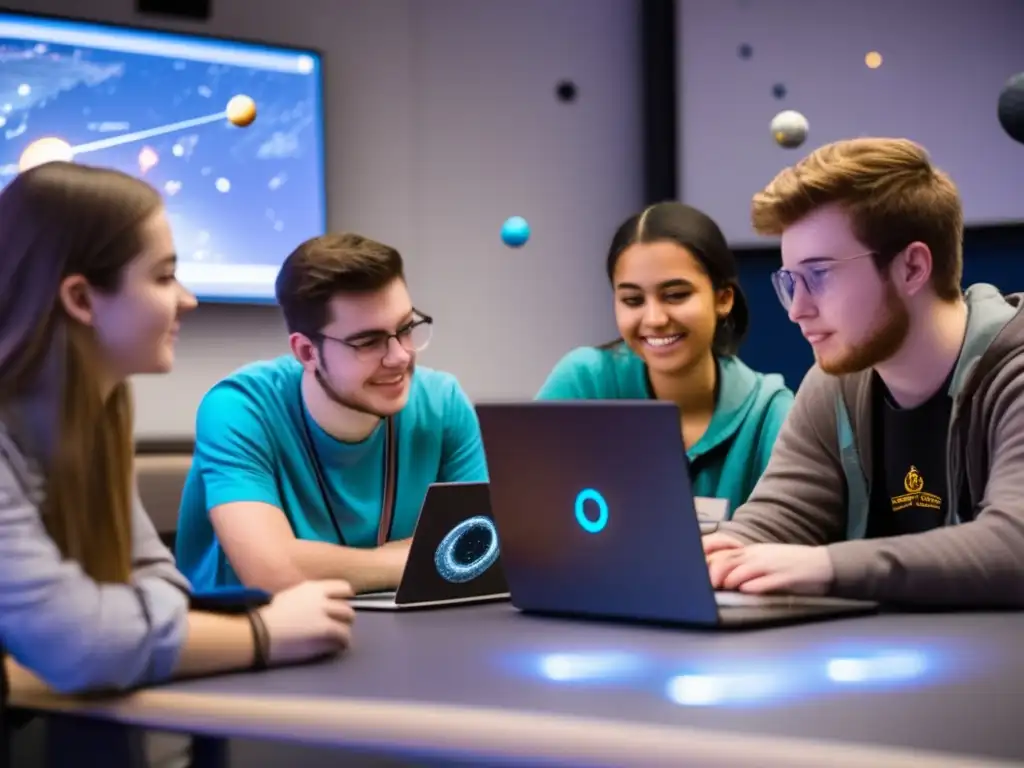 A group of dedicated university students collaborate intently at a well-lit table, brainstorming and coding programs to track asteroids in space