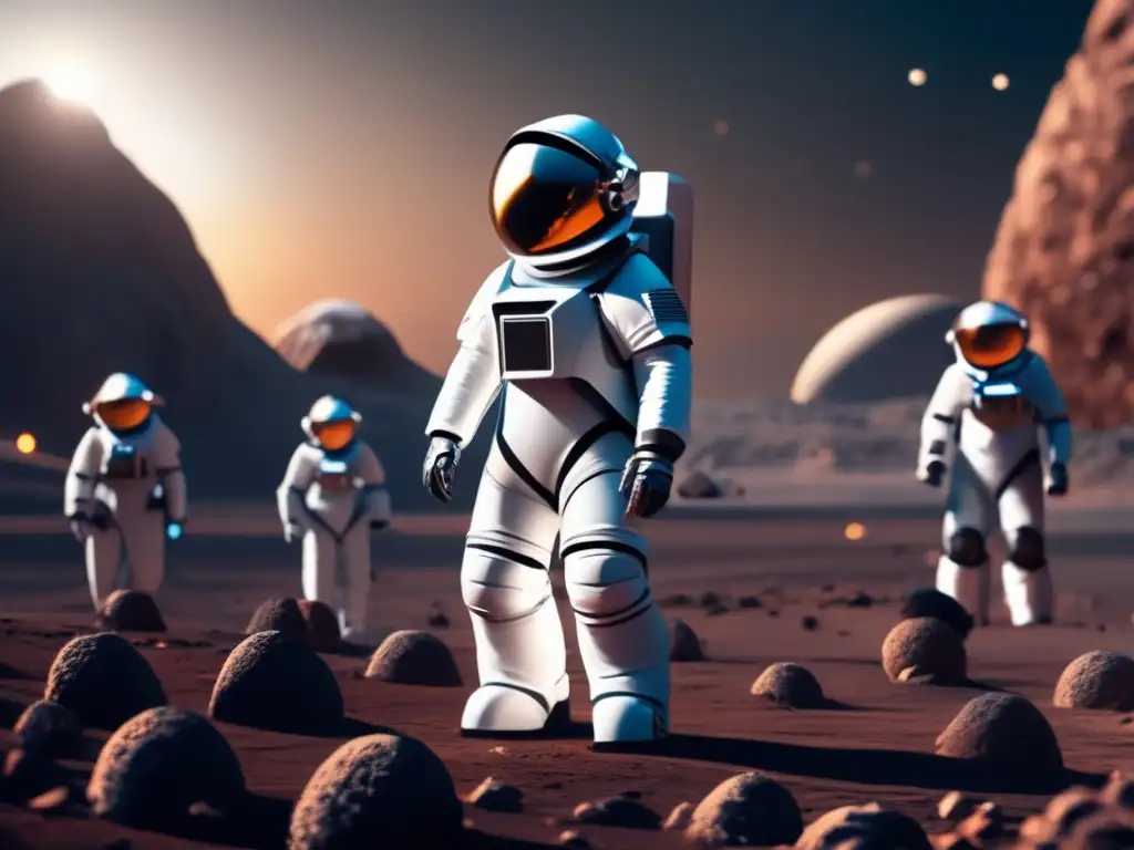 A human in a white spacesuit stands atop a colossal asteroid, surveying a swarm of diligent mining robots tirelessly extracting resources from the rocky surface beneath