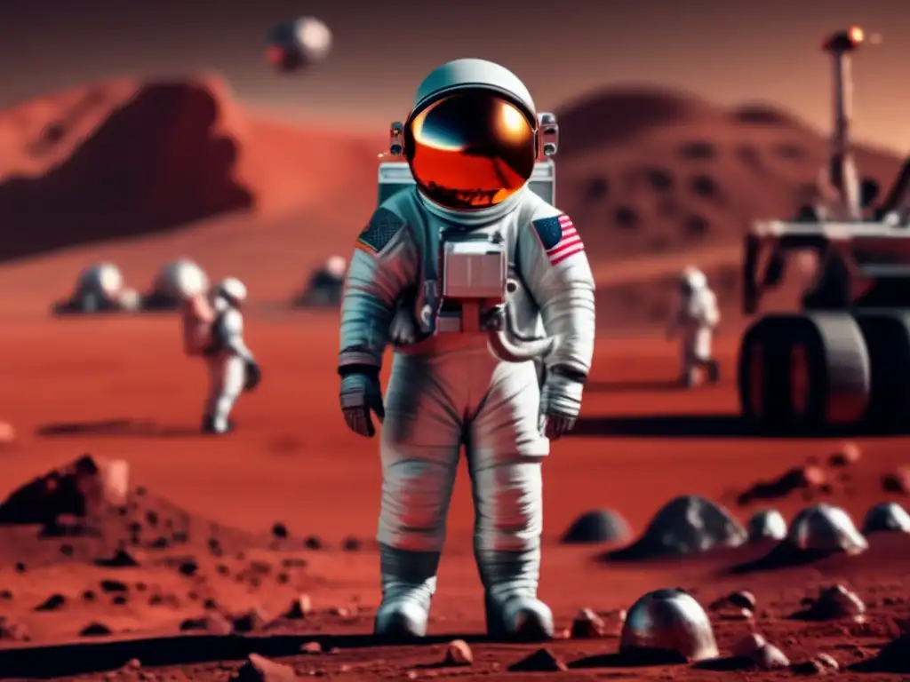 An astronaut in a spacesuit stands confidently on the red planet, ready to begin mining with his backpack full of tools and miner's helmet on