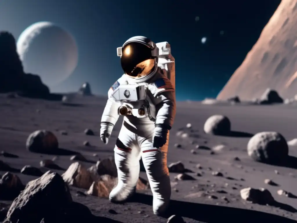 An astronaut in a spacesuit stands determinedly in front of an asteroid with intricate details, looking off into the distance