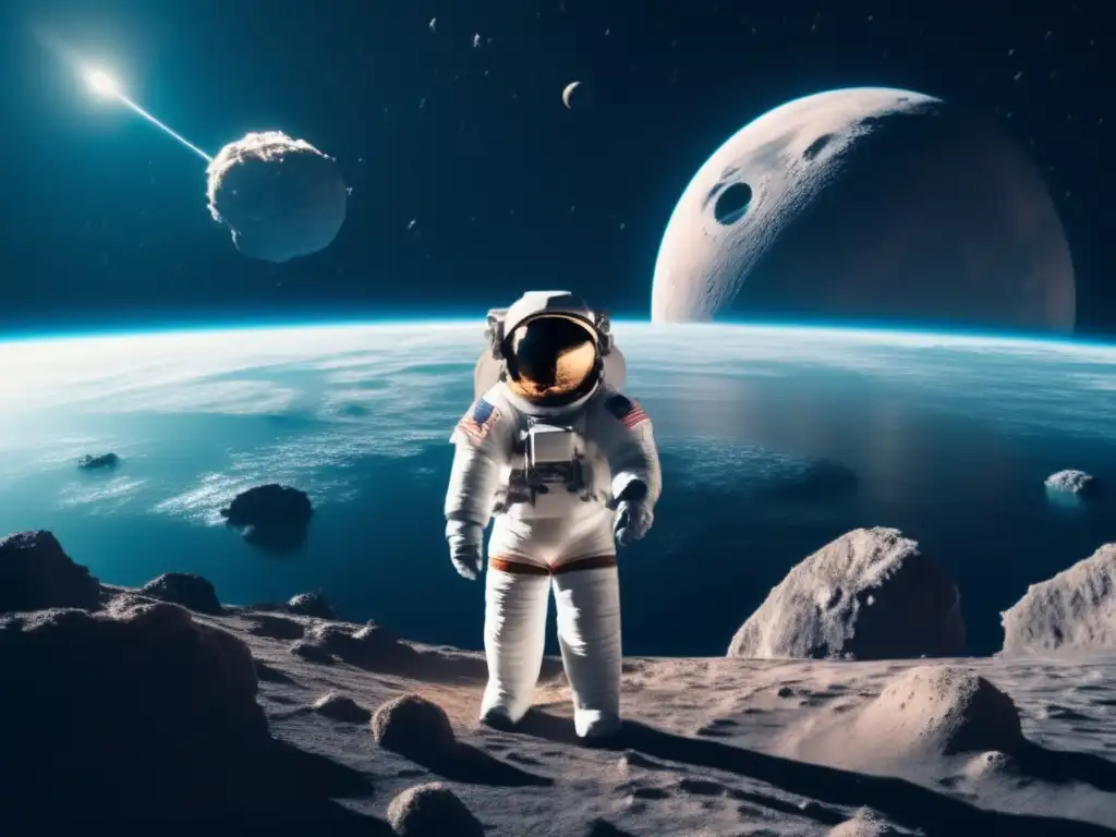 An astronaut stands on the deck of an underwater space station, gazing at a massive asteroid looming in the distance