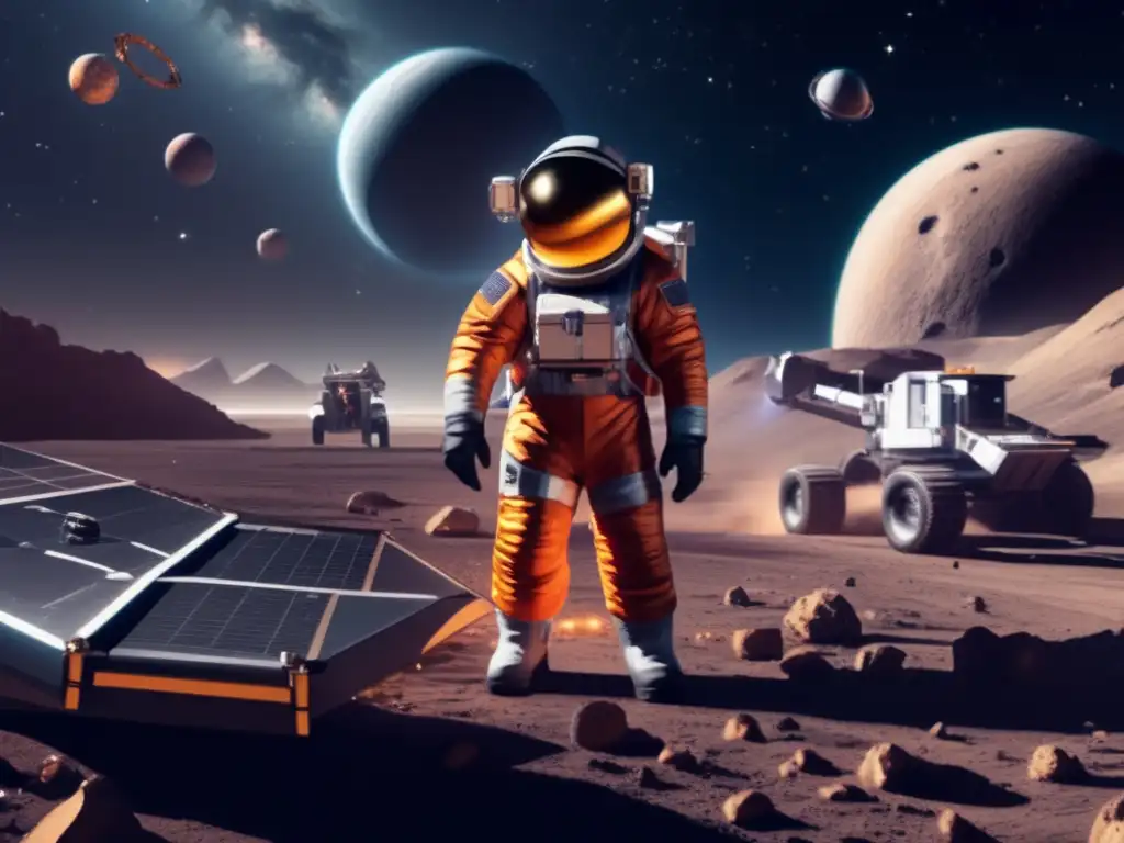 Mining in Space: A highly detailed photorealistic image of a spacesuit-clad miner drilling into the surface of an asteroid, surrounded by a variety of equipment such as drills, vehicles, and cranes, while a vast expanse of space is visible in the background with planets and stars visible