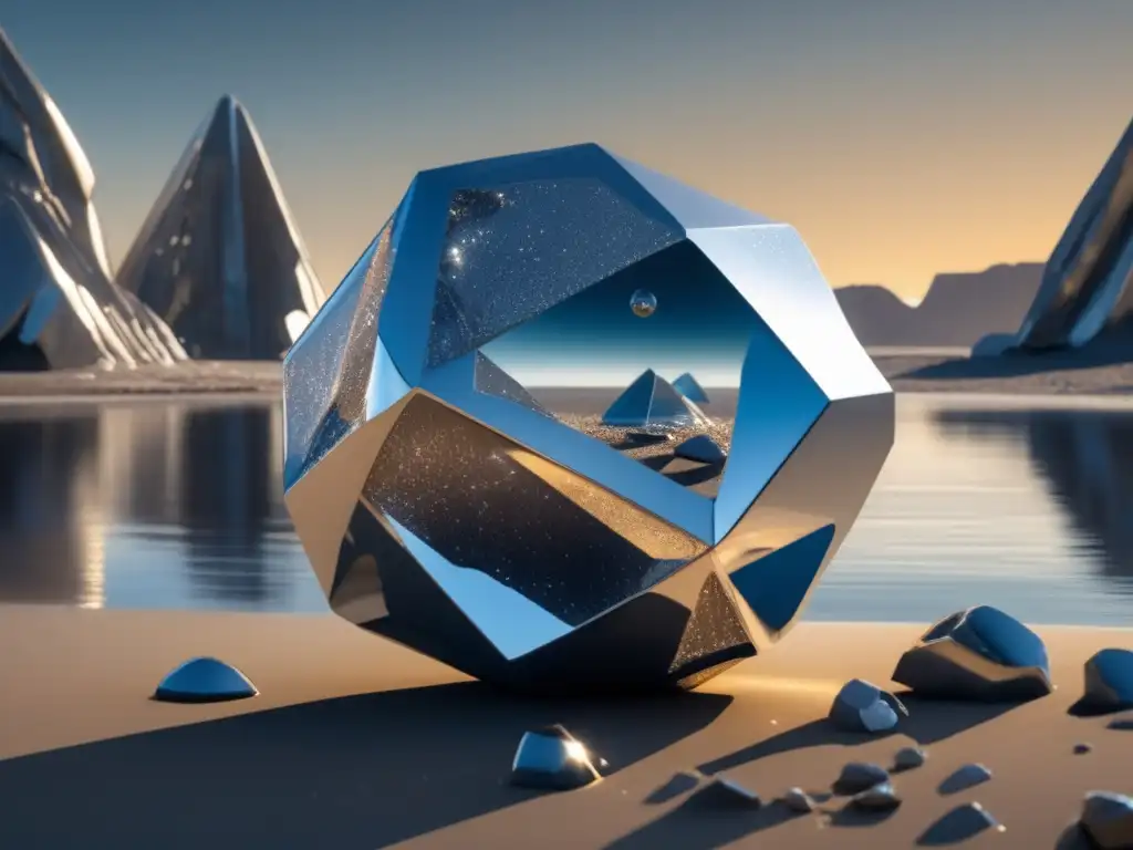 A mesmerizing silver asteroid sculpture, with a crystalline surface reflecting like a digital mirror, stands tall against a deep bluegray landscape