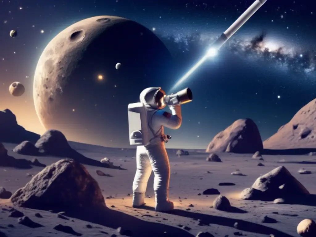 An astronaut in space, positioned in front of a massive telescope, focuses intently on a small asteroid in the distance