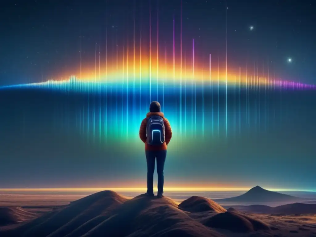 A visually stunning photorealistic image of a frequency spectrum, eliciting curiosity and wonder as extraterrestrial and human communication frequencies unite in a breathtaking cosmic dance