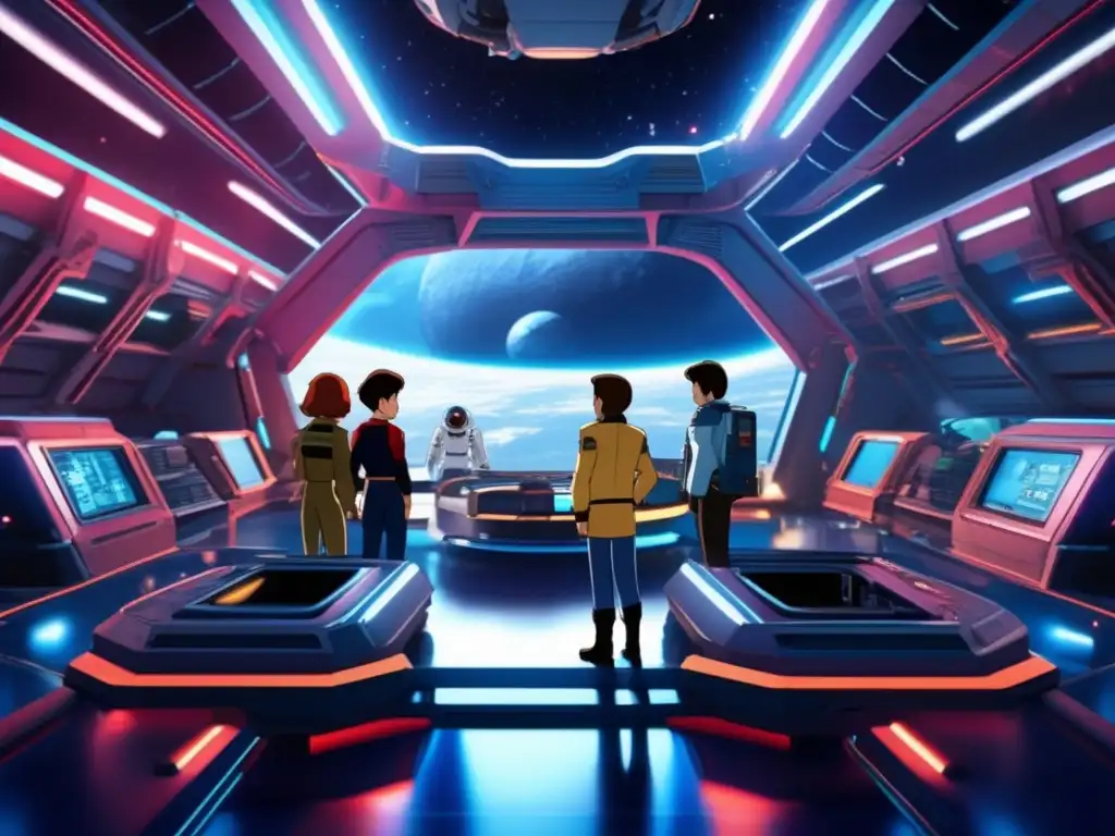 A detailed photorealistic image of the cast of Star Blazers inside a massive asteroid-based space station, surrounded by intricate technology and glowing with a golden hour hue