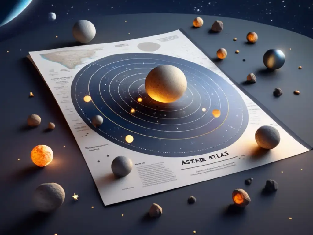 A photorealistic image of a star atlas opens up on a dimly lit table, revealing a vast complex of stars and asteroids