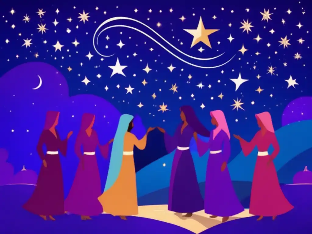 Ancient Arabian legend of stargazers stretching towards the stars, against a backdrop of deep bluepurple night sky