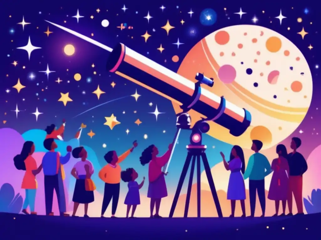 A breathtaking image of diverse individuals gathered around a telescope, admiring the night sky and pointing out celestial bodies, including asteroids