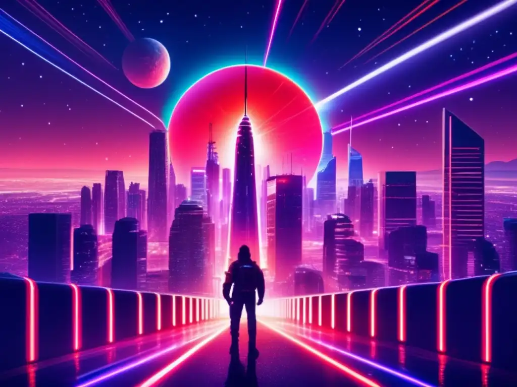 A pulsating neon cityscape, towering skyscrapers stretch towards the stars