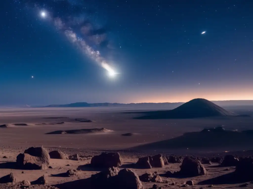 A haunting image of a barren landscape with a solitary asteroid dominating the sky, lit by a distant star