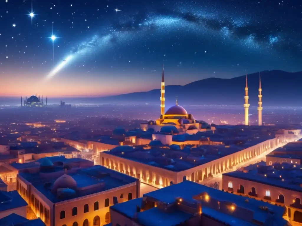 Photorealistic image captures the beauty of the Ottoman skyline at night, with a falling star shining bright against a backdrop of the Galactic Empire