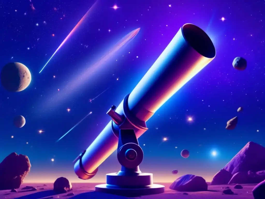 A breathtaking photorealistic image of a telescope, pointed upwards in deep space, capturing a stunning double star system, asteroids, comets, and galaxies in a clear, detailed view, surrounded by a deep blue and purplish space environment, with a subtle glow from distant stars and nebulas