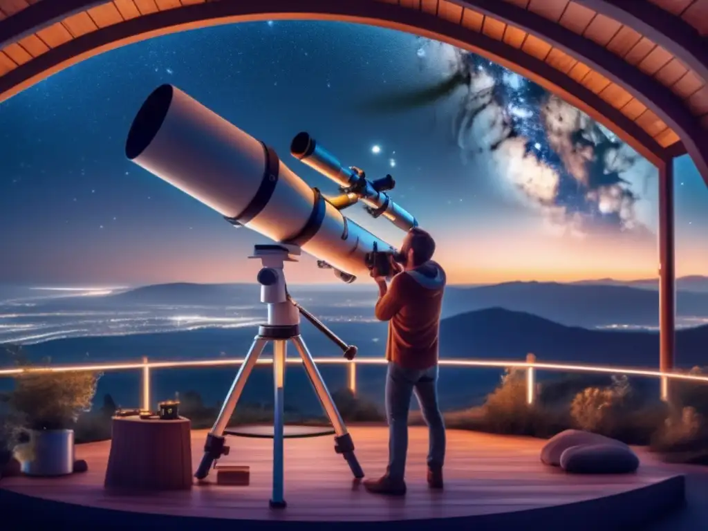 A stunning photorealistic image of a telescope set up in a tranquil outdoor observatory, surrounded by serene scenery and a clear, starry sky