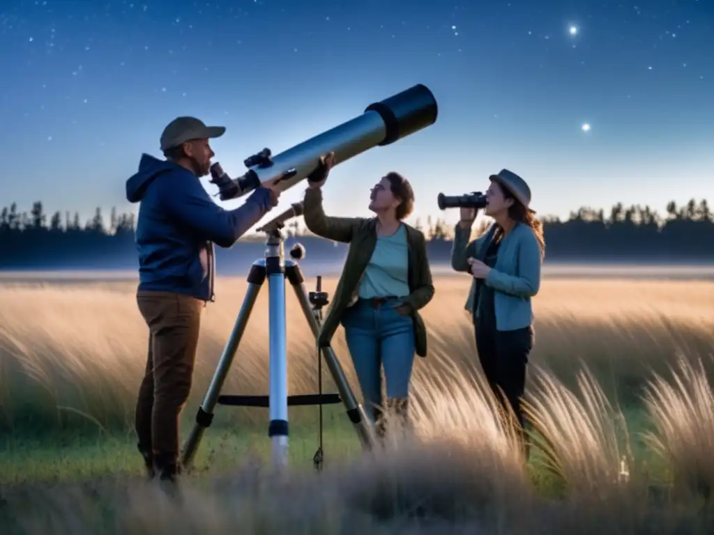 A group of adventurous astronomers proudly stand in the middle of a vast field, their eyes glued to the sky through a refracting telescope