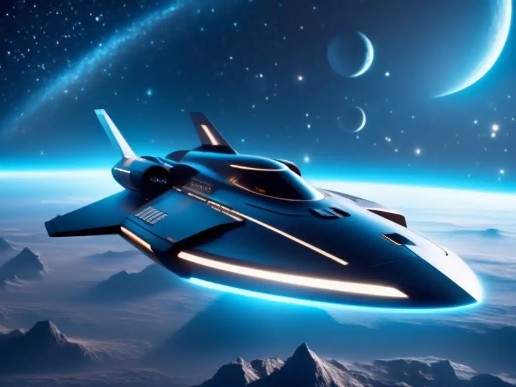 A sleek, dark spaceship floats against a starry sky, emitting a faint blue glow from its engines