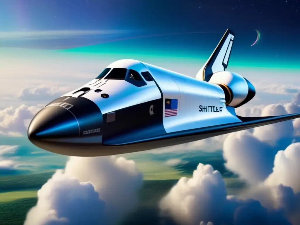 A sleek, futuristic space shuttle descends onto a lush, vibrant planet, its colors reflecting the iconic 'E' insignia of the Starship Enterprise