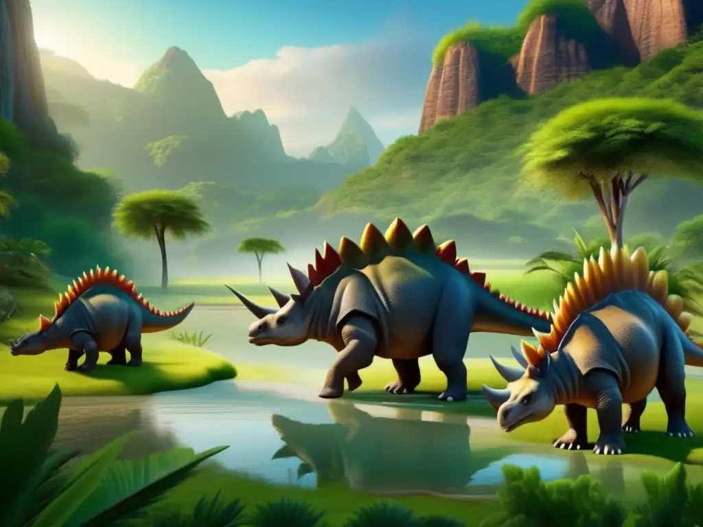 A serene forest floor, home to a small herd of Stegosaurus, grazing and surrounded by towering cliffs