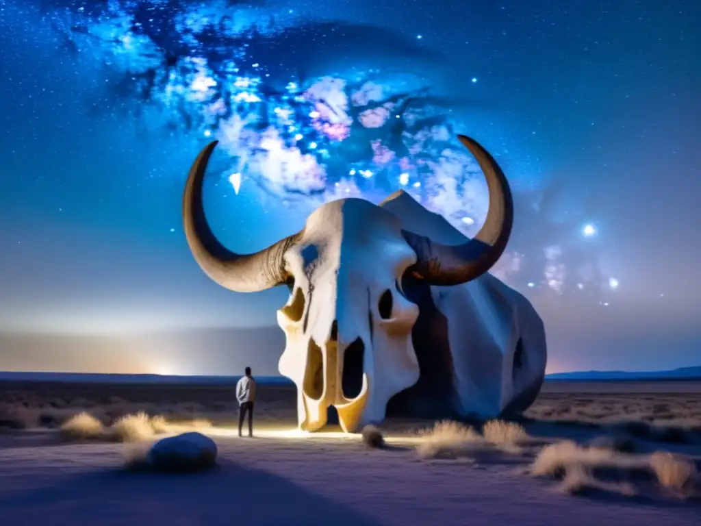 A striking image of a lone figure standing in front of a large stone buffalo skull in the vast, starry sky