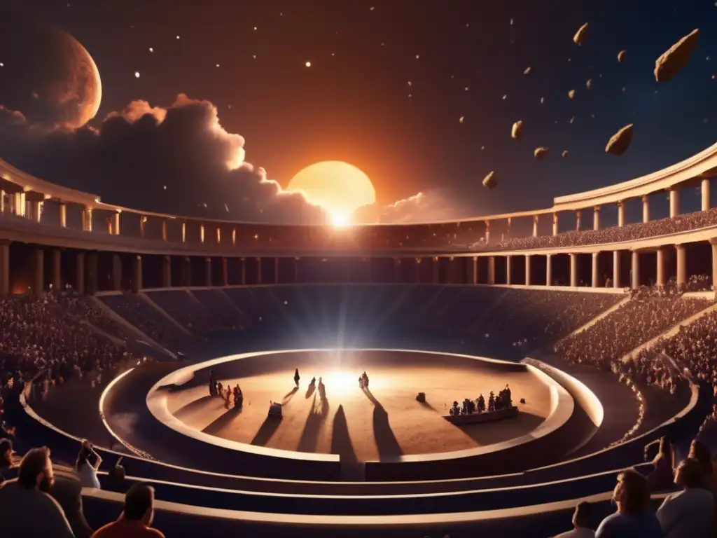 Dimly lit celestial bodies loom in the background as an ancient Greek amphitheater becomes the foreground