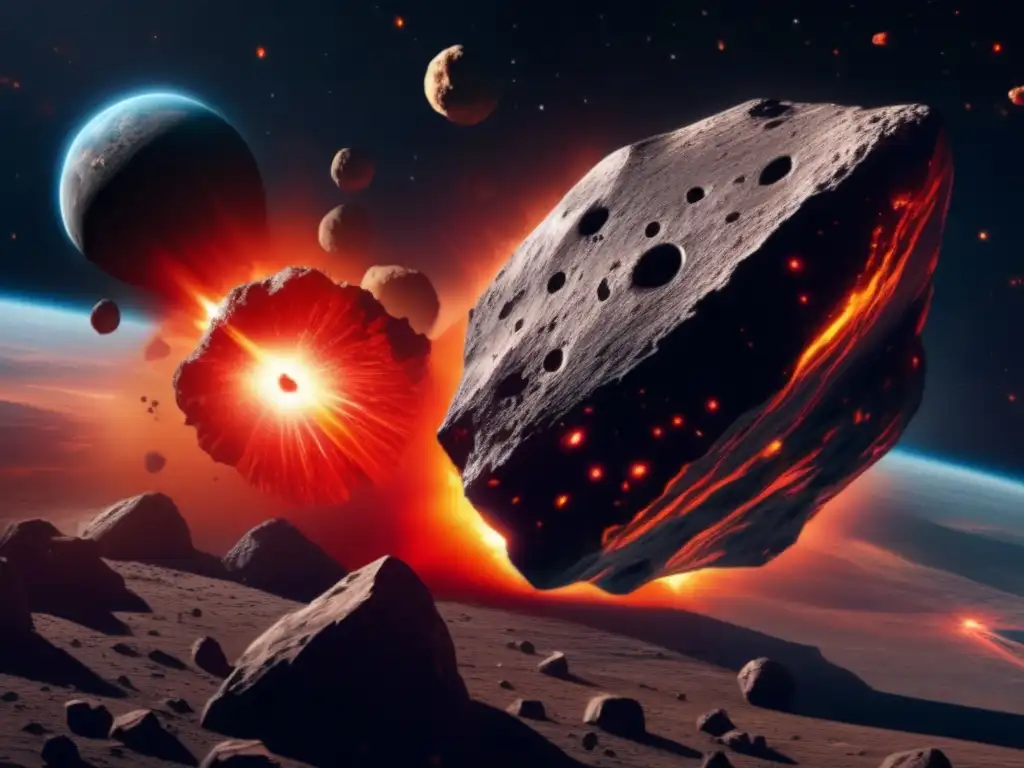 A stunning detail of a gigantic asteroid in space, radiating intense heat with a fiery glow