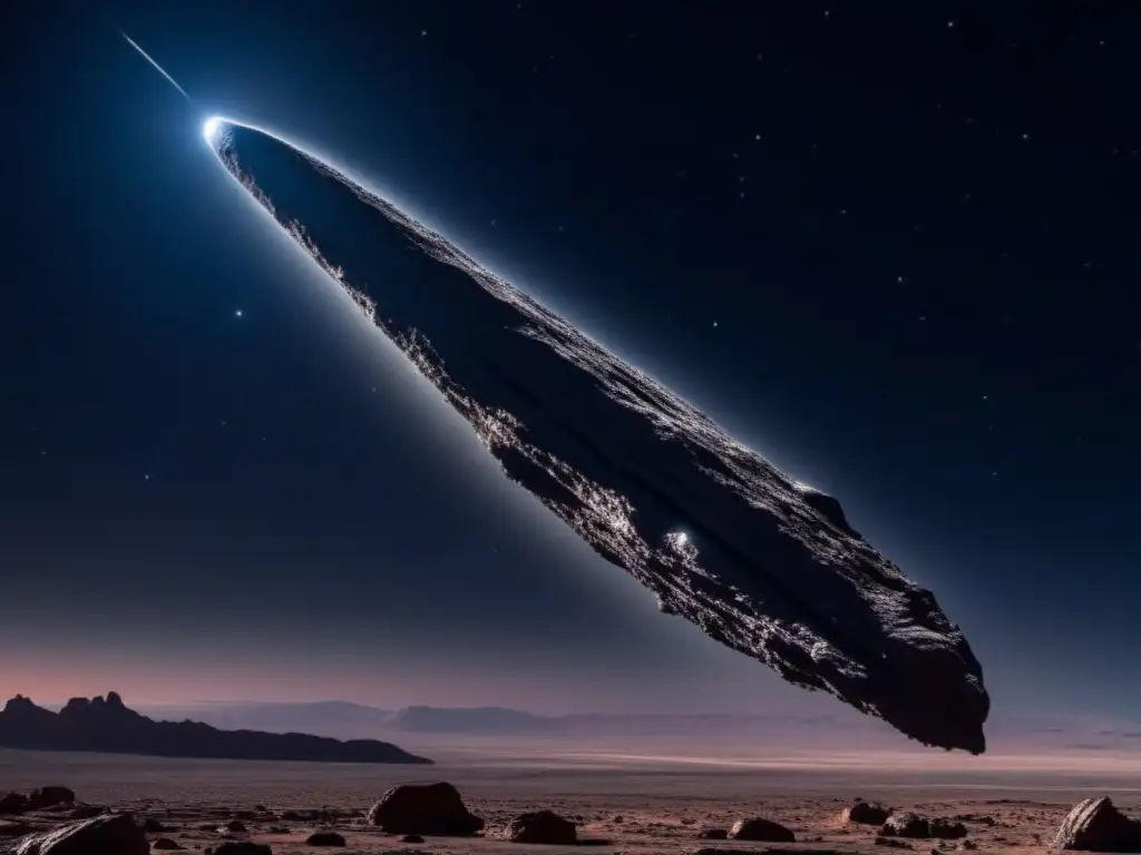 A breathtaking 8k image captures the elongated, irregular shape of 'Oumuamua, the first interstellar object to cross the inner solar system