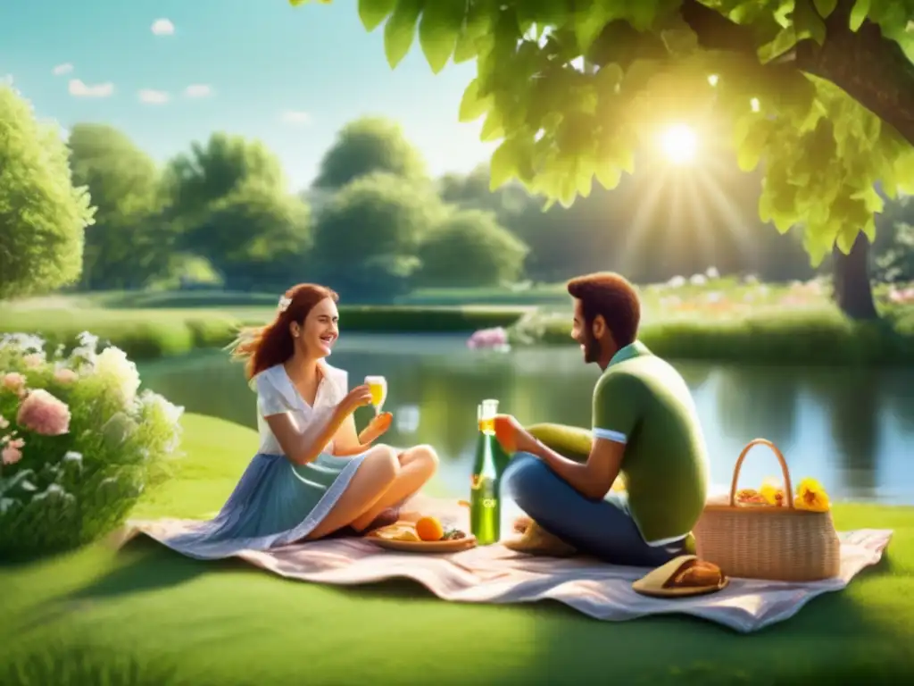 A delightful yet serene scene of a young couple enjoying a peaceful picnic in the park, surrounded by lush greenery and sparkling water