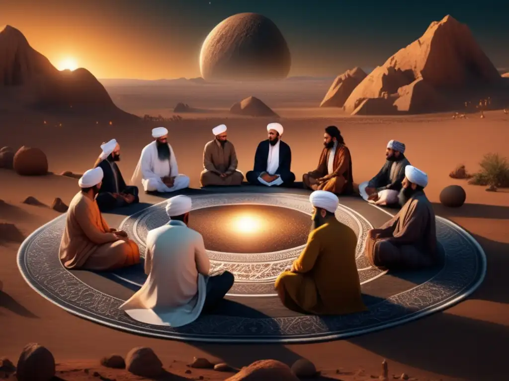 A photorealistic group of Sufis in meditation on a patterned asteroid, radiating warm light on a mystical landscape