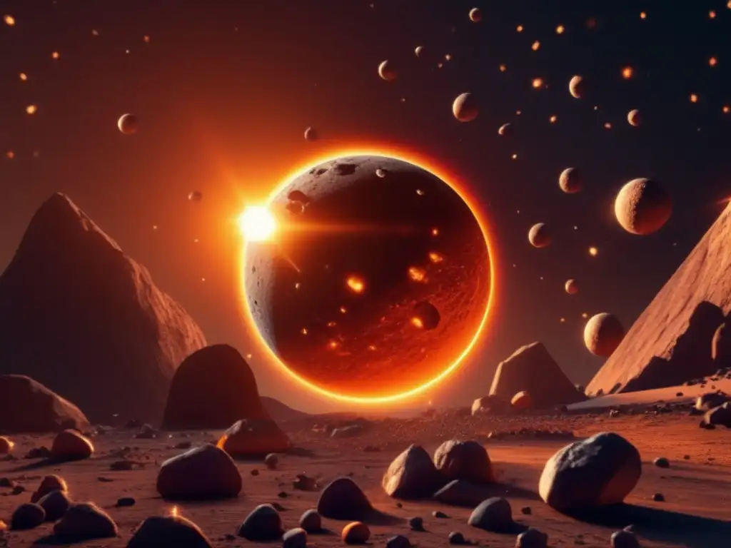 Alternative text for an image of a photorealistic 8k depiction of the Sun and a field of asteroids