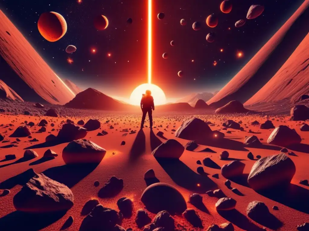 A breathtaking photorealistic image of an open space, brimming with asteroids, whirling around a radiant, orange sun