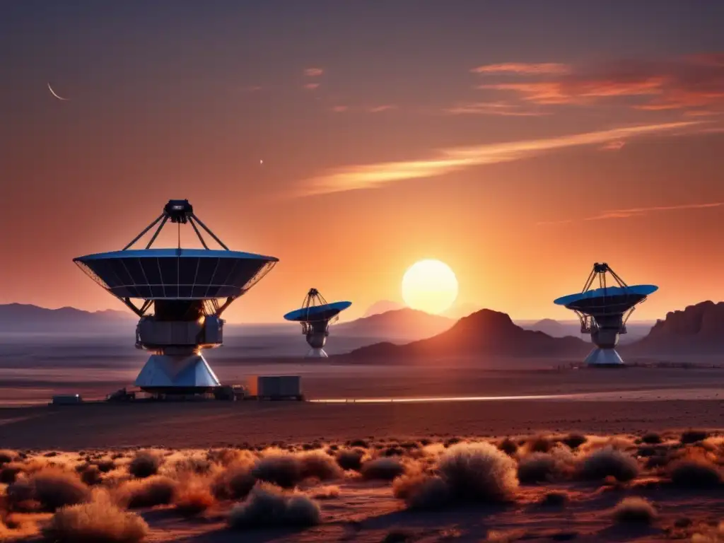 A stunning photorealistic image of a desolate landscape with radio telescopes spread across the terrain