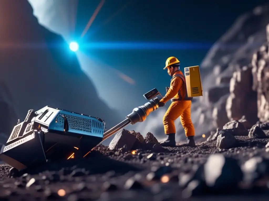 A breathtaking image of a mining rig operation on an asteroid's surface, as a drill bit digs deep into the rocky expanse
