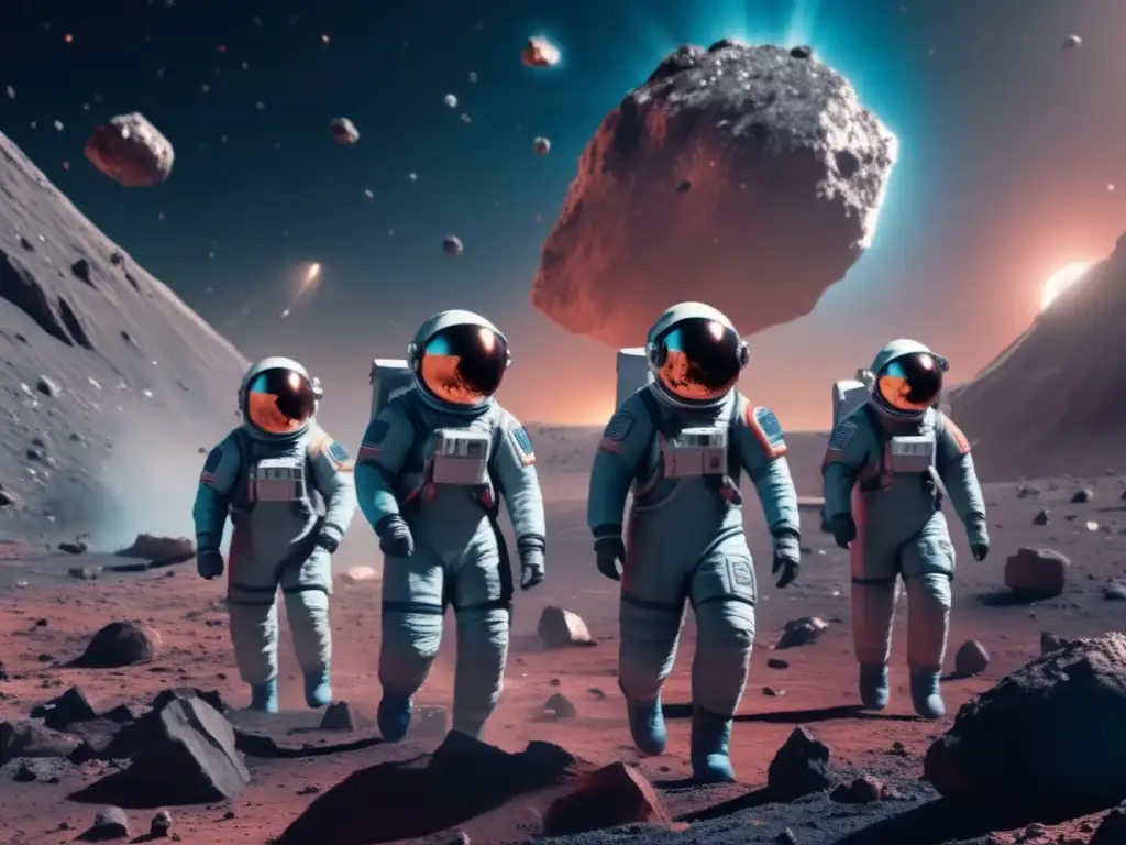 A group of wanderers immediately following their crash landing on an asteroid, surrounded by dusty red, metallic silver, and muted blue debris