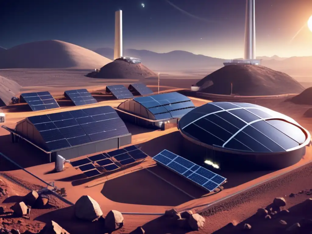 A photorealistic image of a large asteroid mining facility powered by solar panels, wind turbines, and other sustainable technologies