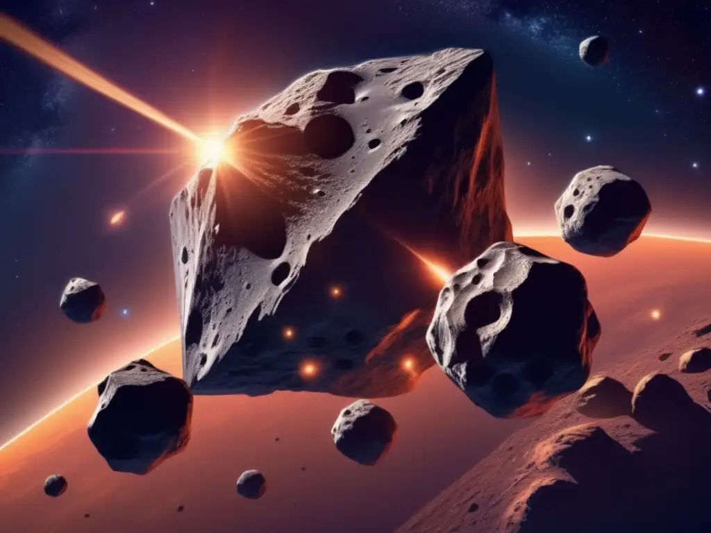 Four asteroids in the Sylvia quadruple asteroid system orbiting around a central star, captured in photorealistic detail with intricate textures