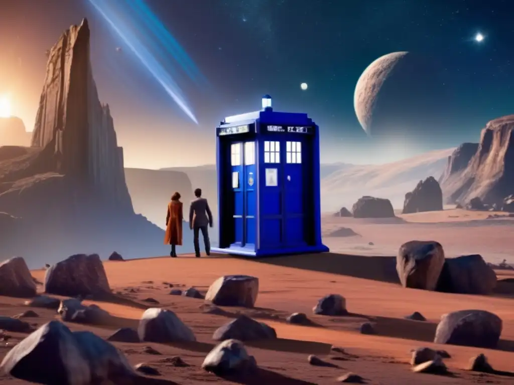 A photorealistic TARDIS materializes on a distant asteroid, Doctor Who and companions suited up and ready for adventure