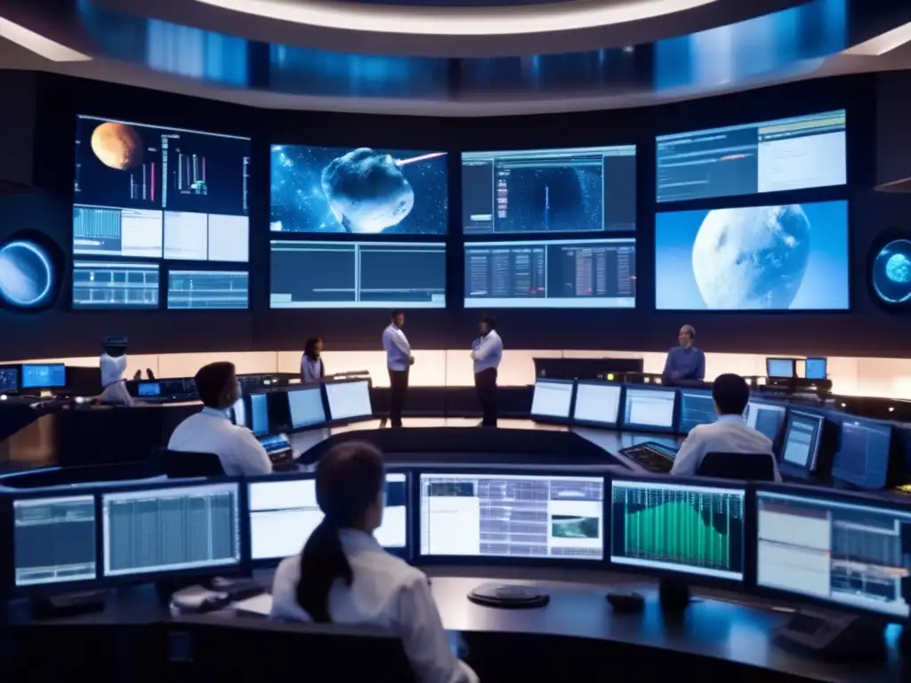 A team of scientists and engineers in a dimly lit control room, surrounded by high-tech equipment and instruments, intently analyze data from an asteroid mission on large screens