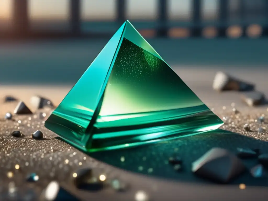 A stunning image of a jagged shard of tektite glass shattered on the ground, glowing with a mesmerizing blue-green hue