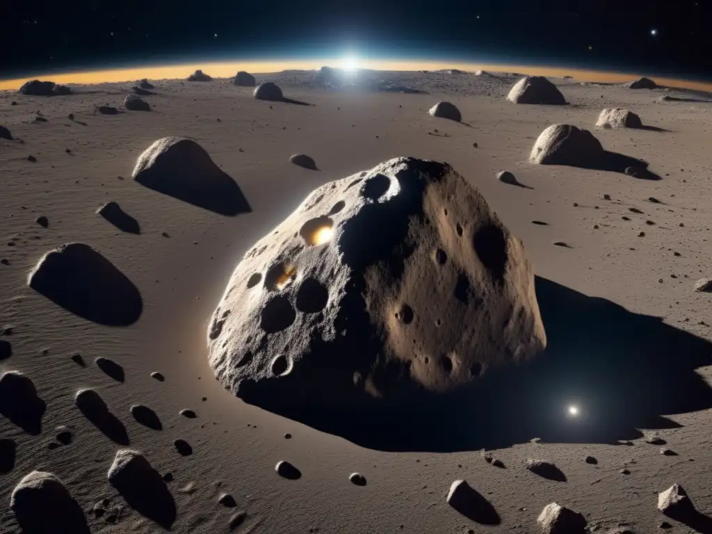 A breathtaking photorealistic depiction of Asteroid Telephus, with its jagged surface texture, craters, and dazzling reflection off nearby spacecraft