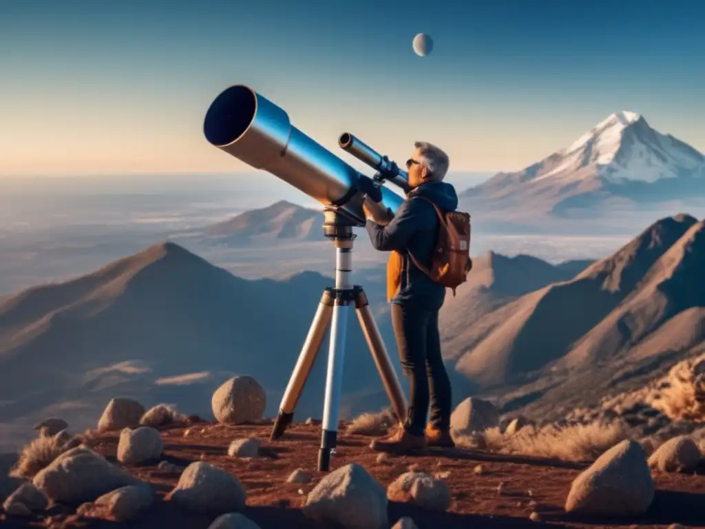 A man's awe-struck gaze, captured in 8k ultradetailed detail as he studies the depths of space through his large telescope