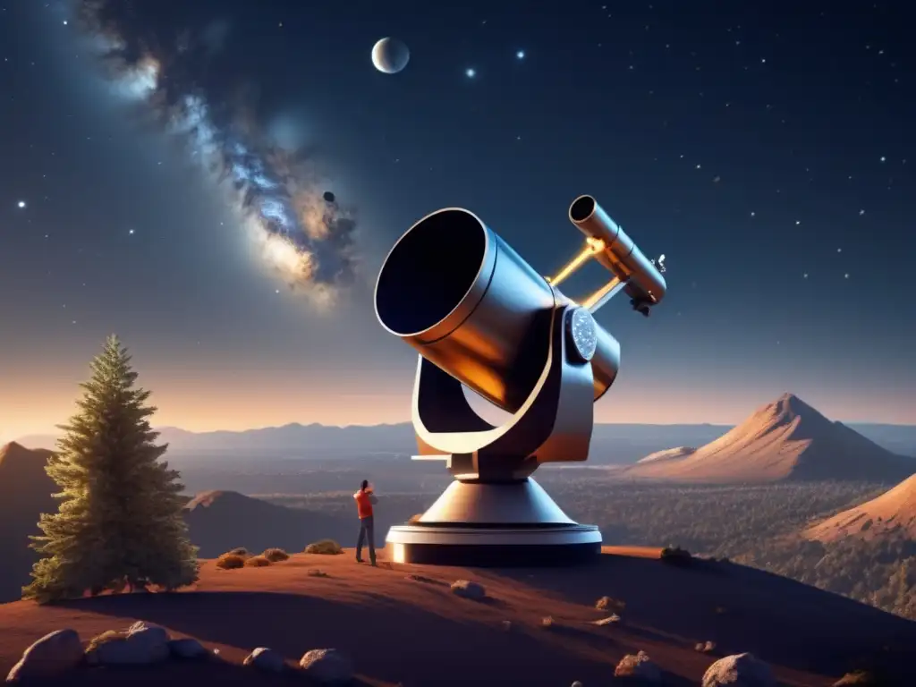 A photorealistic, 8k ultradetailed image of an isolated astronomer studying a large asteroid through a telescope on a mountaintop