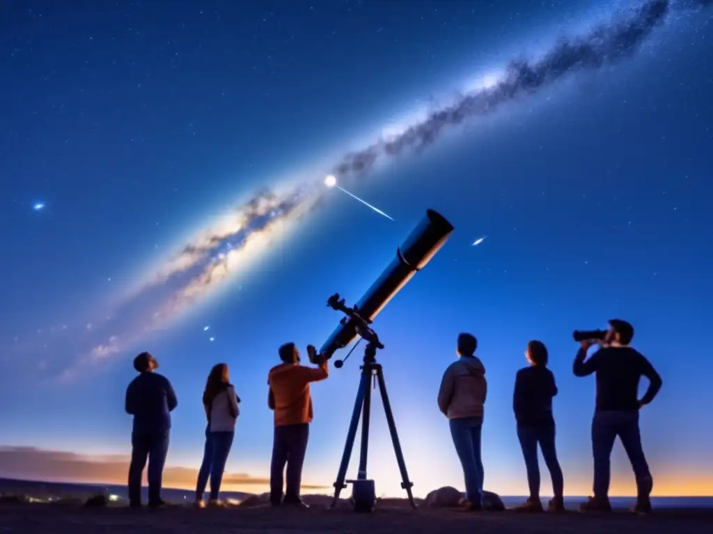 A group of passionate amateur astronomers, each holding their own telescope, gather around a giant instrument pointed towards the cosmos