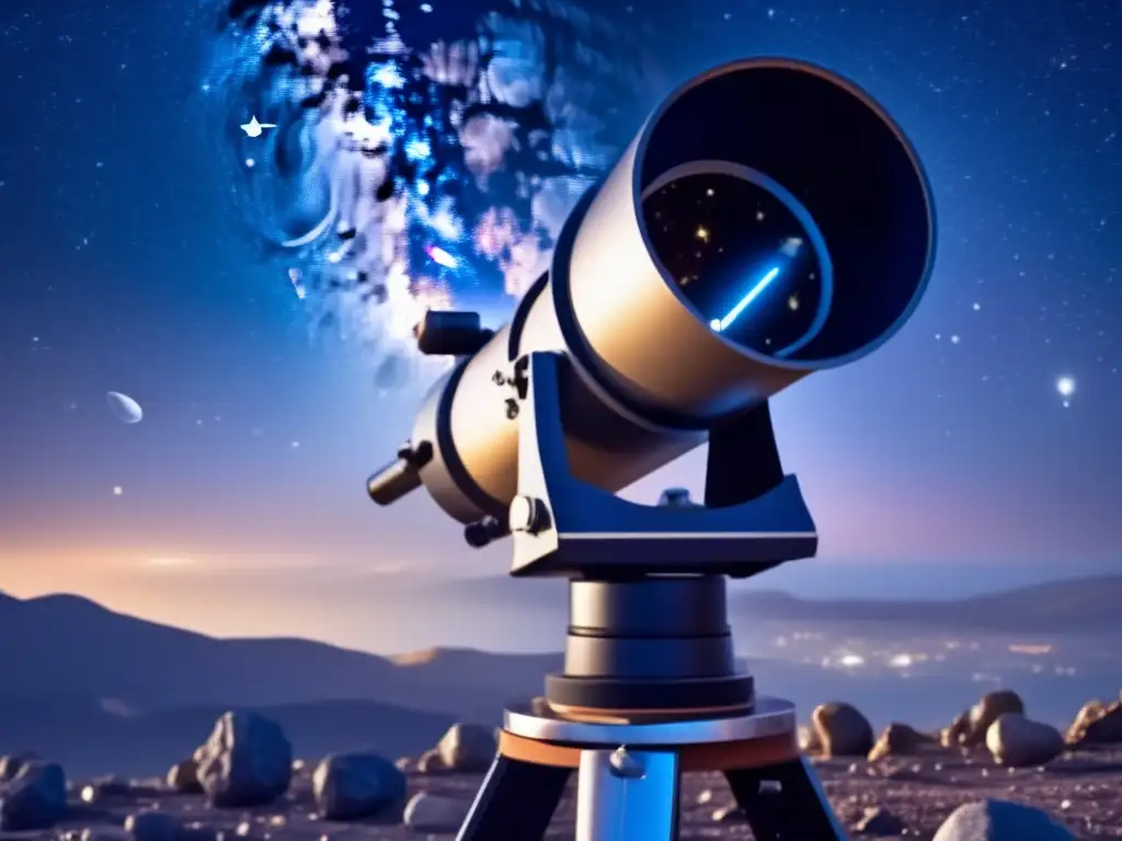 A celestial wonder: The Dobsonian telescope captures the great expanse of space, its vast flavors captured in luminous stars and galaxies, with fallen asteroids scattered in the foreground, all reflecting off the moon, filling our hearts with awe and wonder